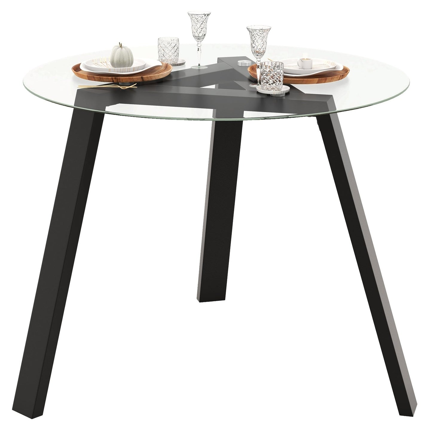 35.5 Inches Round Glass Dining Table for 4 with Rubber Wood Frame, Black Dining Tables   at Gallery Canada