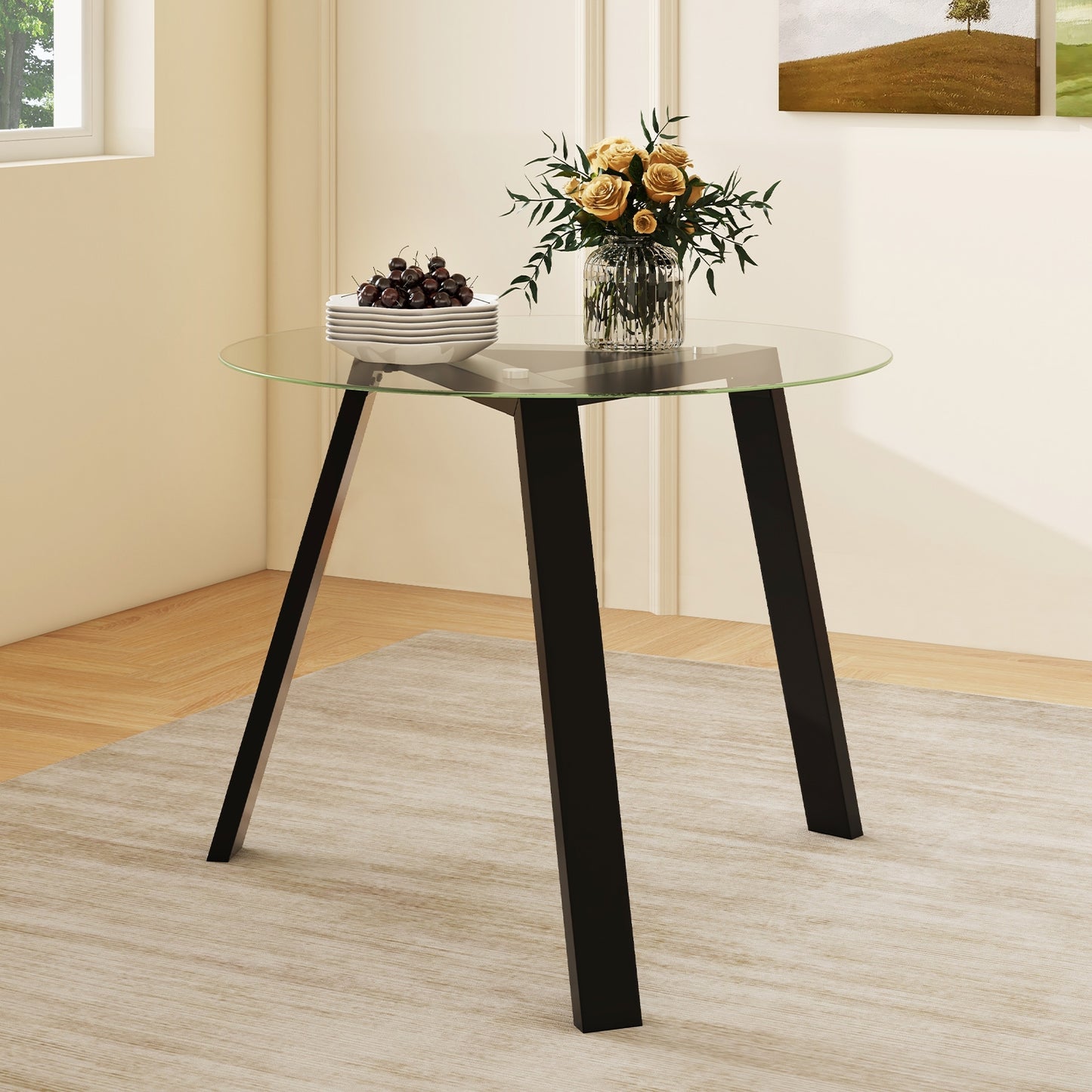 35.5 Inches Round Glass Dining Table for 4 with Rubber Wood Frame, Black Dining Tables   at Gallery Canada