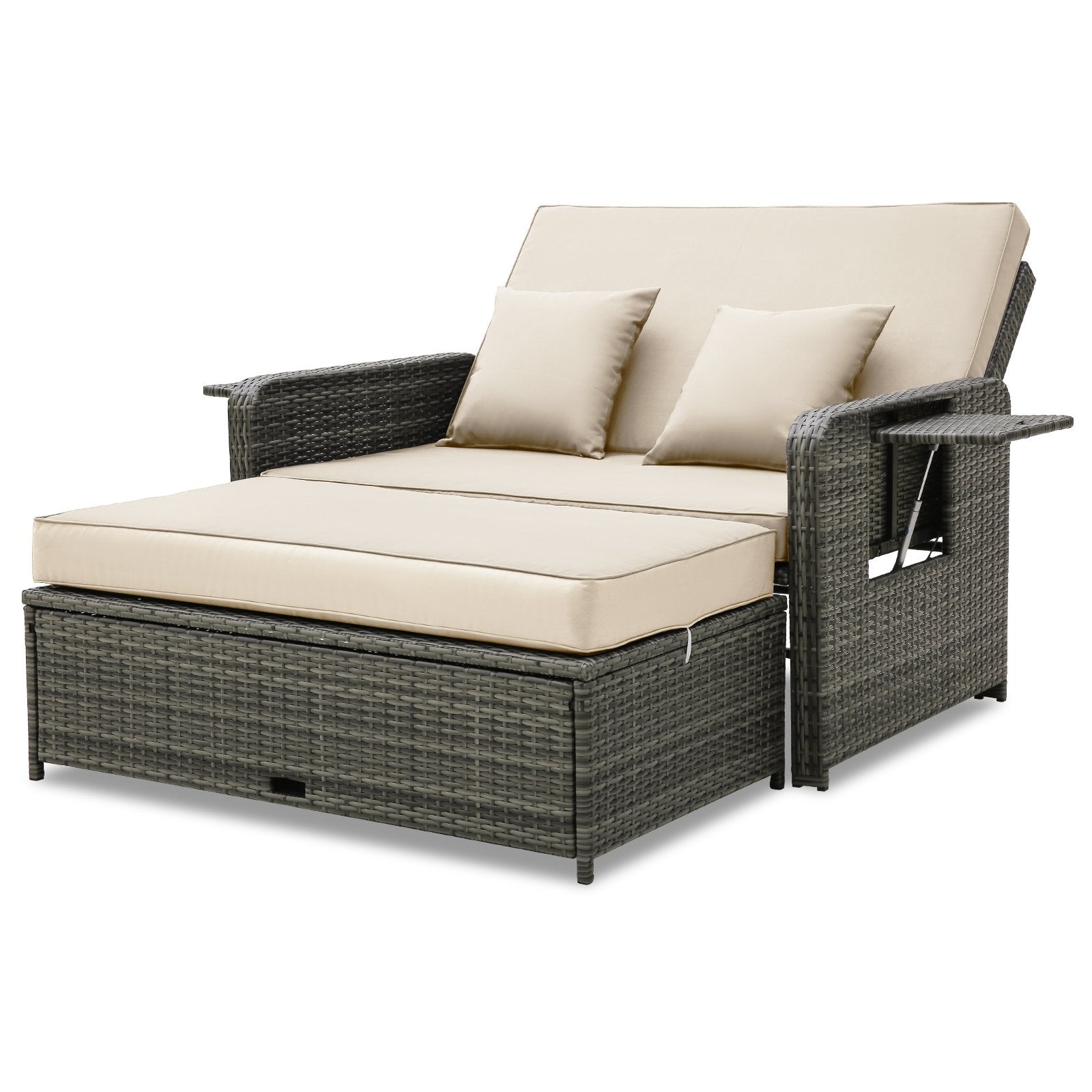 Patio Wicker Loveseat Sofa with Multipurpose Ottoman and Retractable Side Tray, Beige Patio Furniture Sets Beige  at Gallery Canada