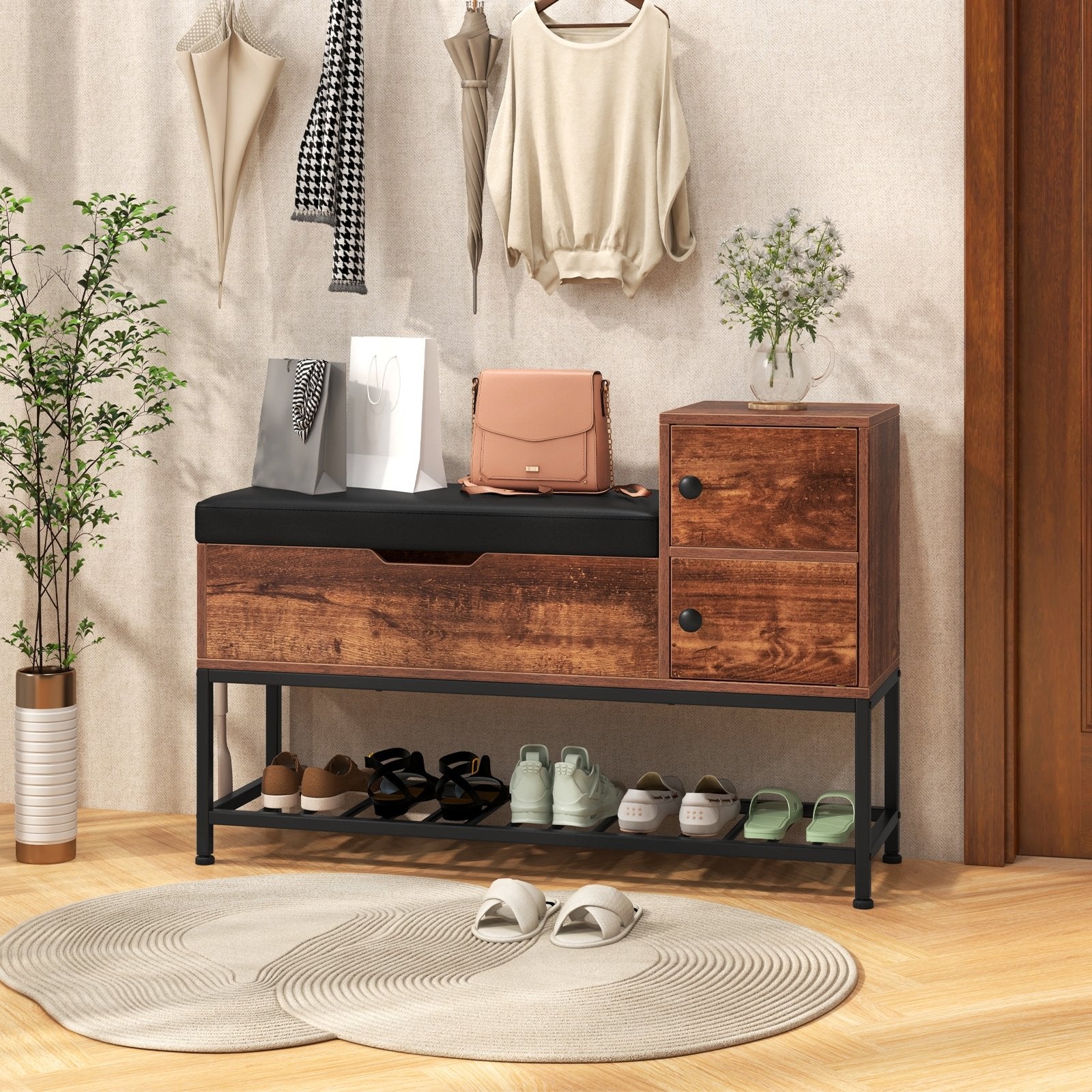 Entryway Bench with Flip Top Box and 2 Door Cabinets for Entryway, Rustic Brown Shoe Racks & Storage Benches   at Gallery Canada