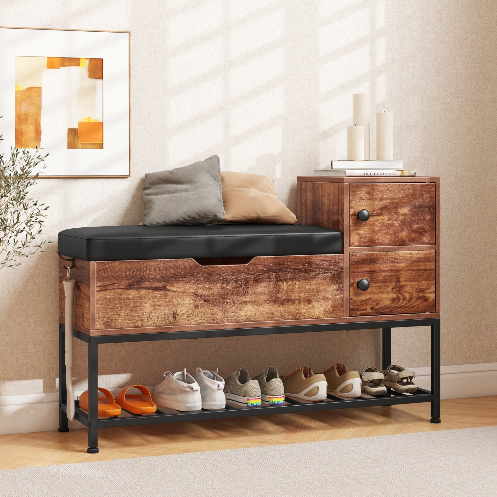 Entryway Bench with Flip Top Box and 2 Door Cabinets for Entryway, Rustic Brown Shoe Racks & Storage Benches   at Gallery Canada