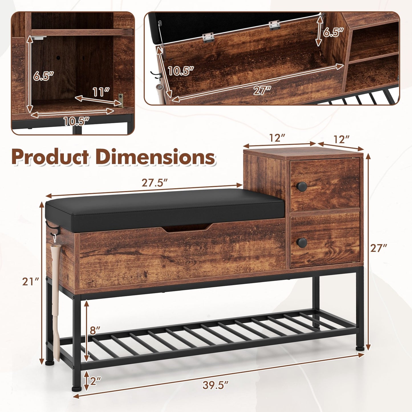 Entryway Bench with Flip Top Box and 2 Door Cabinets for Entryway, Rustic Brown Shoe Racks & Storage Benches   at Gallery Canada