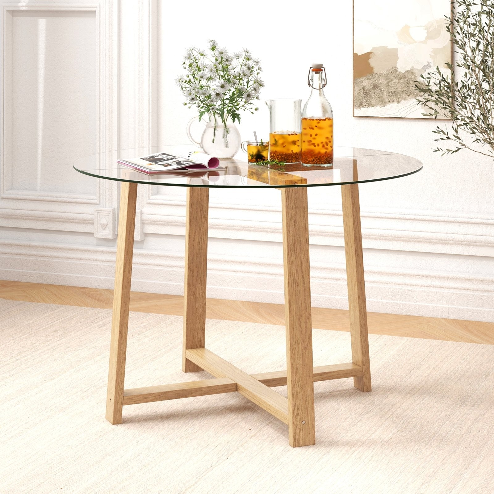 42 Inches Round Glass Dining Table with Tempered Glass Tabletop and Rubber Wood Legs, Natural Dining Tables at Gallery Canada