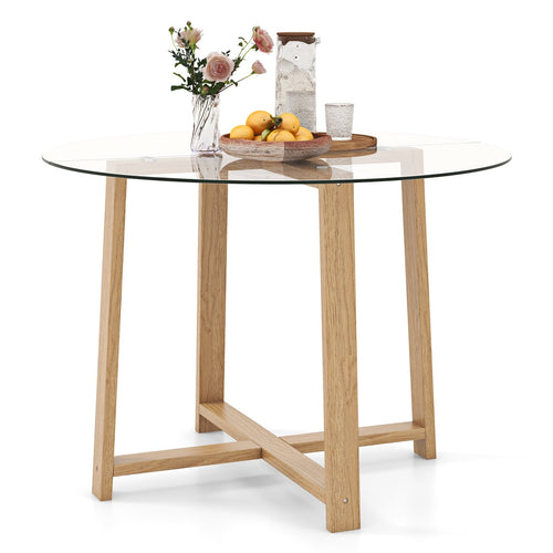 42 Inches Round Glass Dining Table with Tempered Glass Tabletop and Rubber Wood Legs, Natural