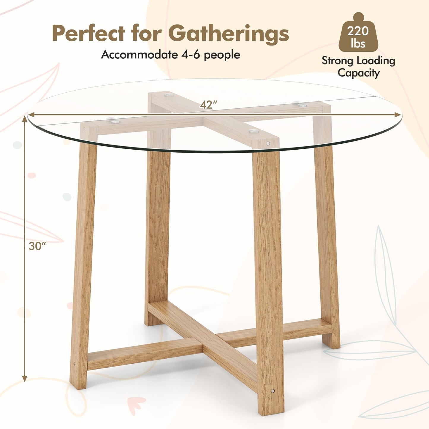 42 Inches Round Glass Dining Table with Tempered Glass Tabletop and Rubber Wood Legs, Natural Dining Tables at Gallery Canada