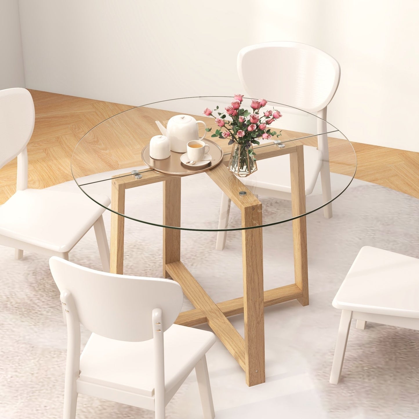 42 Inches Round Glass Dining Table with Tempered Glass Tabletop and Rubber Wood Legs, Natural Dining Tables at Gallery Canada