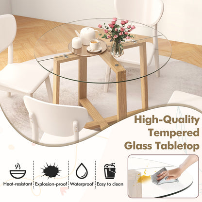 42 Inches Round Glass Dining Table with Tempered Glass Tabletop and Rubber Wood Legs, Natural Dining Tables at Gallery Canada