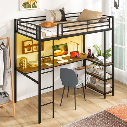 Twin Size Loft Bed Raised Platform Bed with Desk and 2 Storage Shelves, Black Bunk Bed Frame   at Gallery Canada