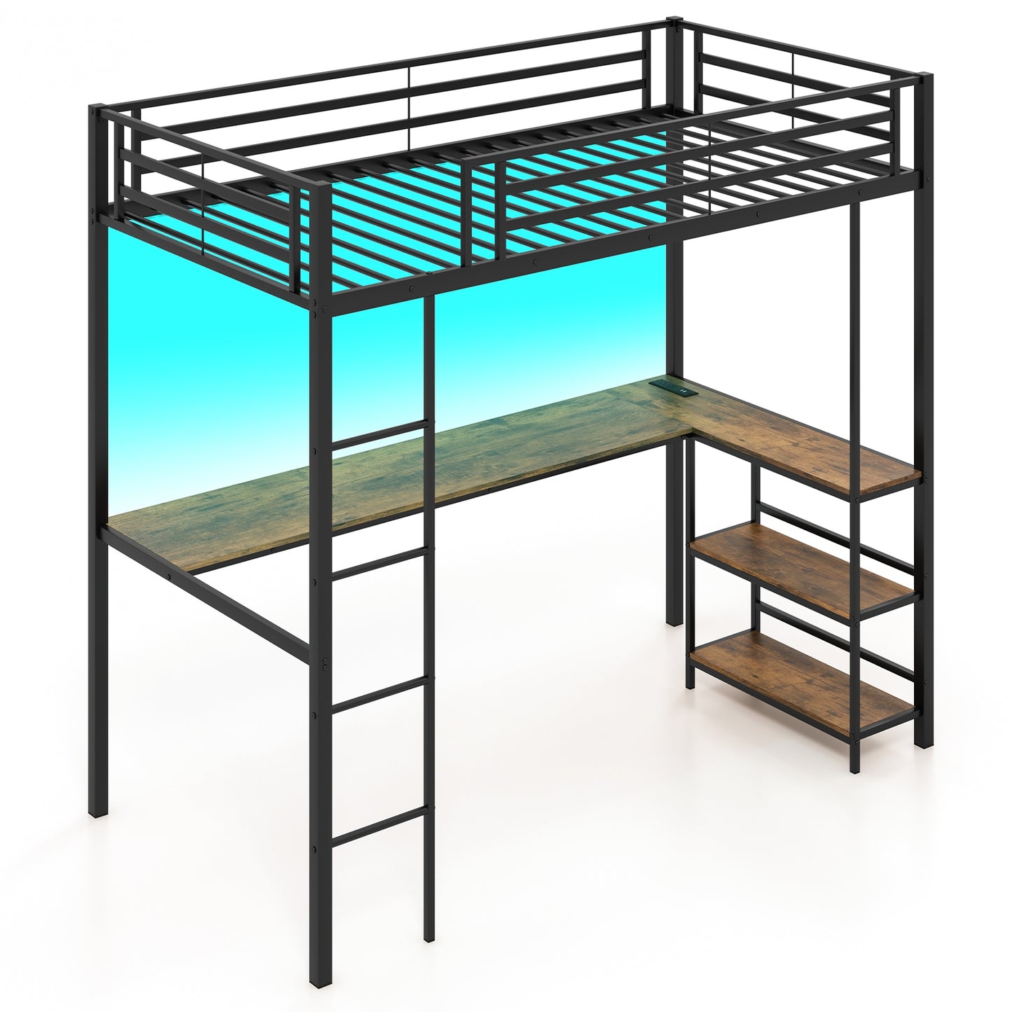 Twin Size Loft Bed Raised Platform Bed with Desk and 2 Storage Shelves, Black Bunk Bed Frame Black  at Gallery Canada