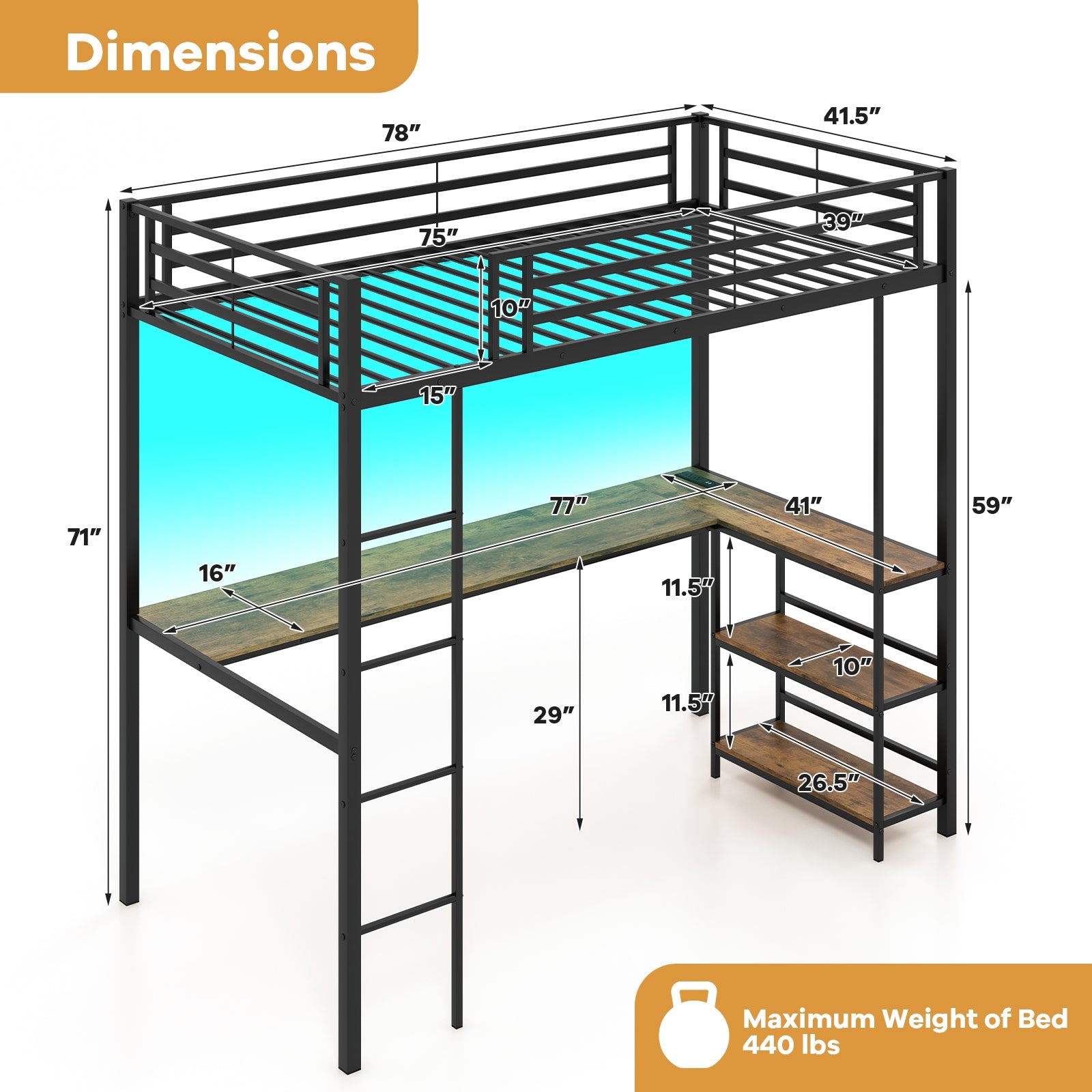 Twin Size Loft Bed Raised Platform Bed with Desk and 2 Storage Shelves, Black Bunk Bed Frame   at Gallery Canada