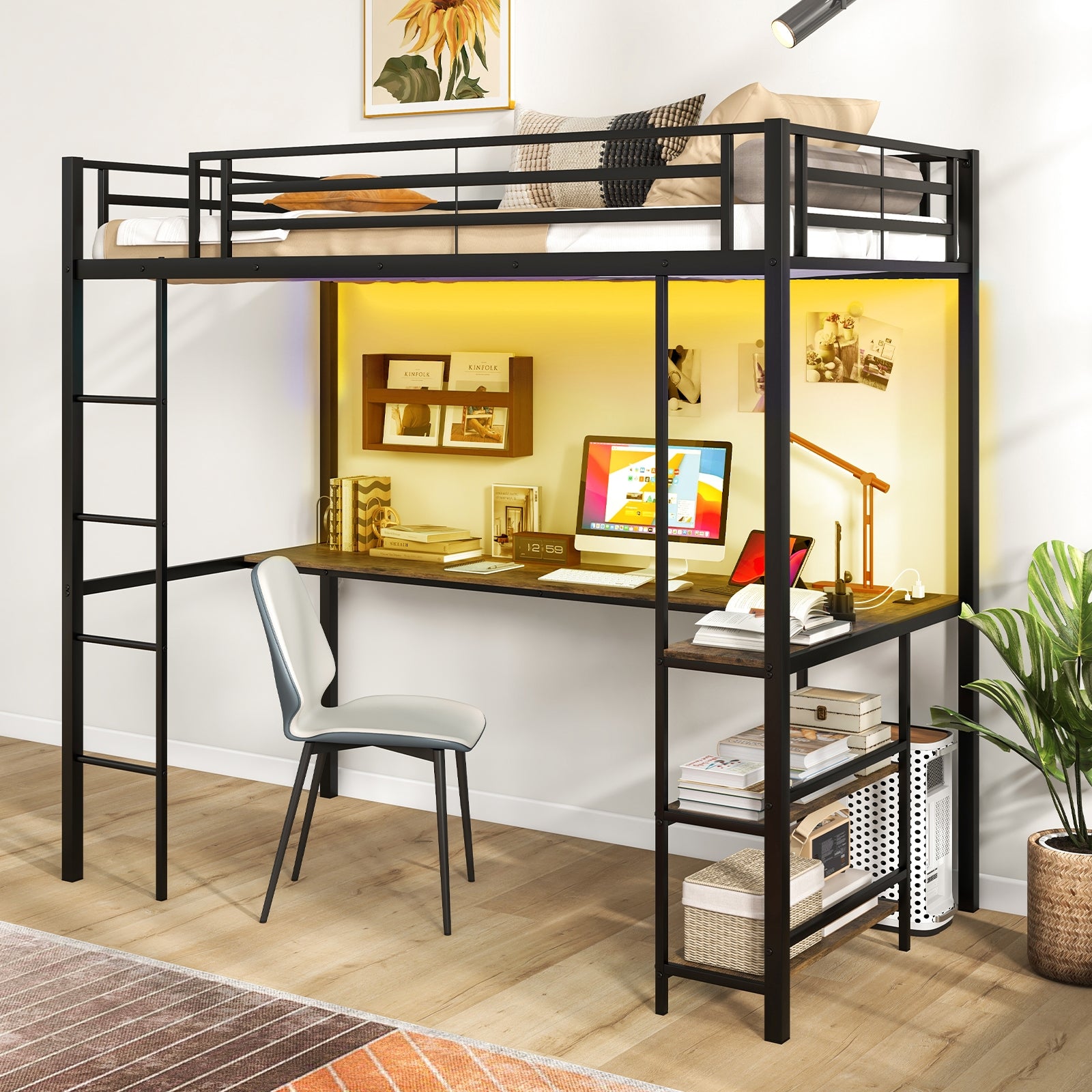 Twin Size Loft Bed Raised Platform Bed with Desk and 2 Storage Shelves, Black Bunk Bed Frame   at Gallery Canada