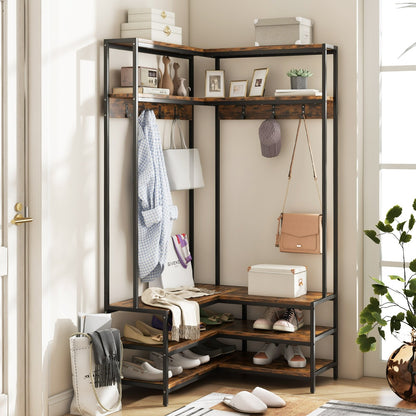 Corner Garment Rack with Open Shelves and 7 Hooks Shoe Bench, Rustic Brown Cabinets & Chests   at Gallery Canada