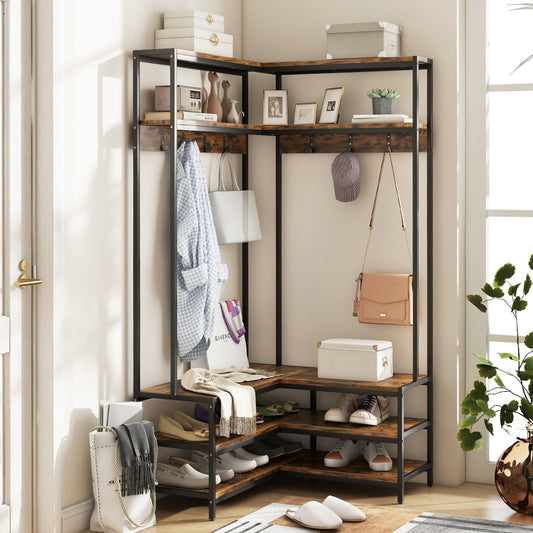 Corner Garment Rack with Open Shelves and 7 Hooks Shoe Bench, Rustic Brown Cabinets & Chests Rustic Brown  at Gallery Canada