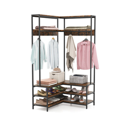 Corner Garment Rack with Open Shelves and 7 Hooks Shoe Bench, Rustic Brown Cabinets & Chests Rustic Brown  at Gallery Canada