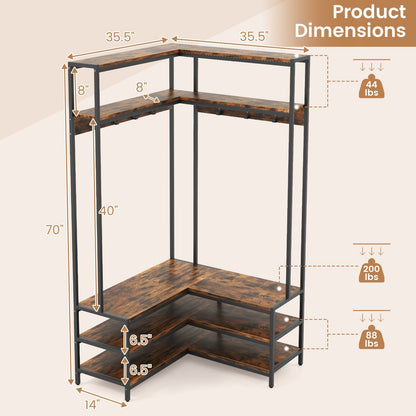 Corner Garment Rack with Open Shelves and 7 Hooks Shoe Bench, Rustic Brown Cabinets & Chests   at Gallery Canada