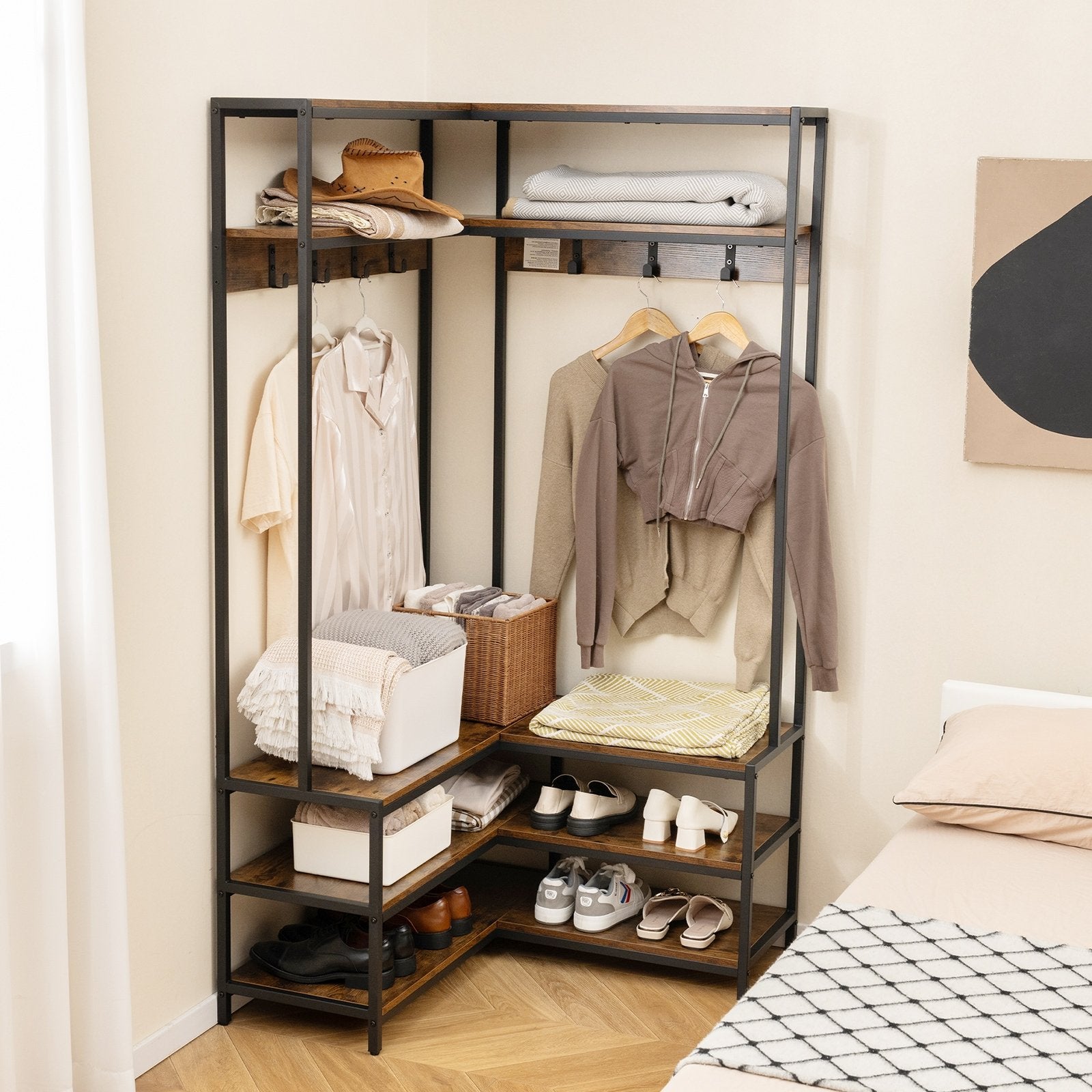 Corner Garment Rack with Open Shelves and 7 Hooks Shoe Bench, Rustic Brown Cabinets & Chests   at Gallery Canada