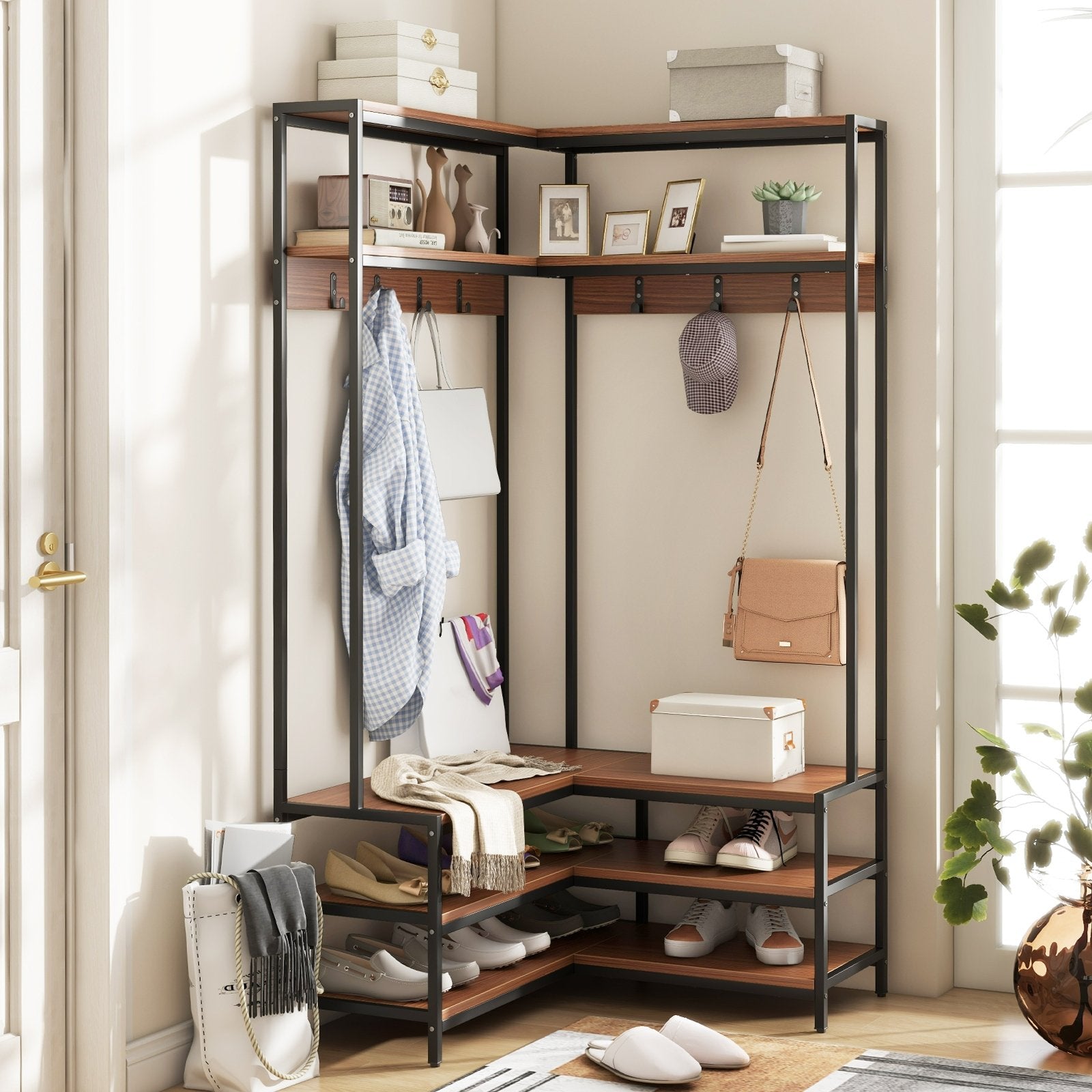 Corner Garment Rack with Open Shelves and 7 Hooks Shoe Bench, Walnut Cabinets & Chests   at Gallery Canada