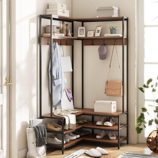 Corner Garment Rack with Open Shelves and 7 Hooks Shoe Bench, Walnut Cabinets & Chests Walnut  at Gallery Canada