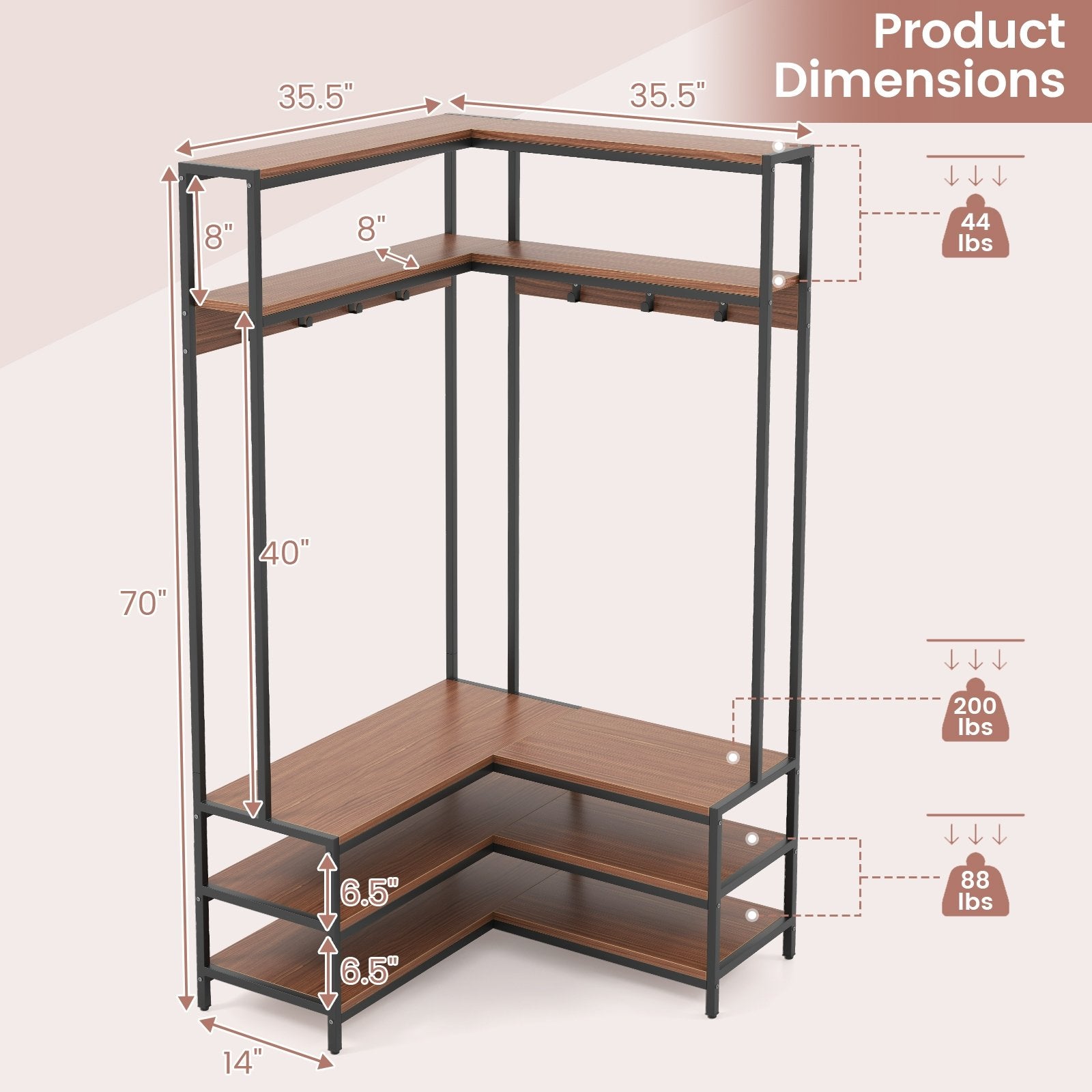 Corner Garment Rack with Open Shelves and 7 Hooks Shoe Bench, Walnut Cabinets & Chests   at Gallery Canada