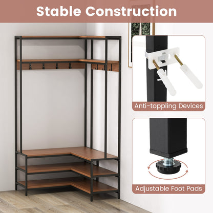 Corner Garment Rack with Open Shelves and 7 Hooks Shoe Bench, Walnut Cabinets & Chests   at Gallery Canada