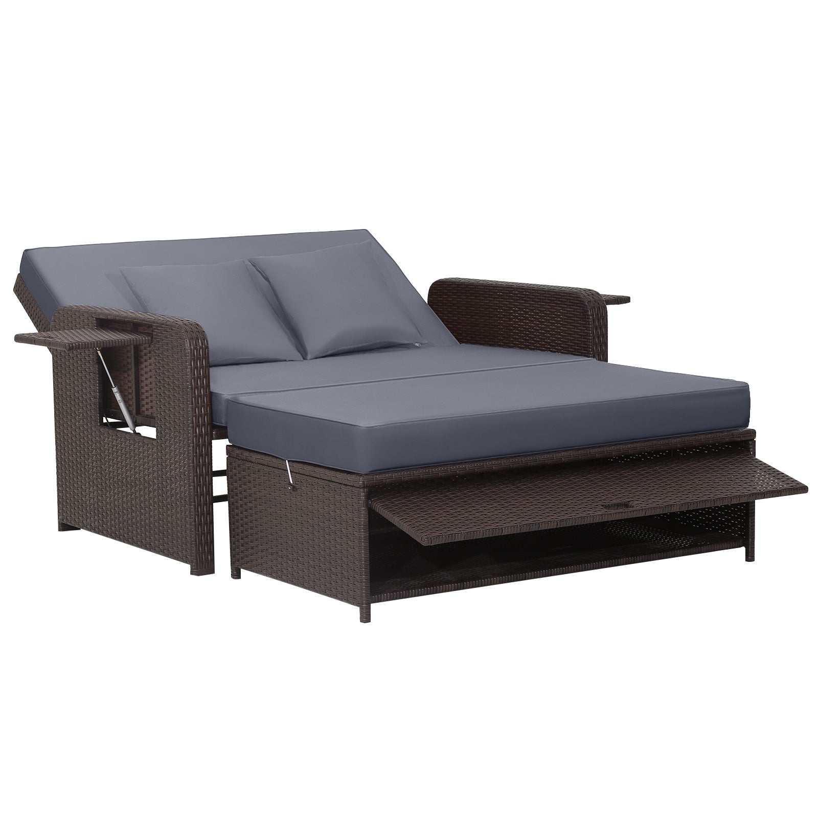 Patio Rattan Daybed with 4-Level Adjustable Backrest and Retractable Side Tray, Gray Outdoor Sectionals Gray  at Gallery Canada