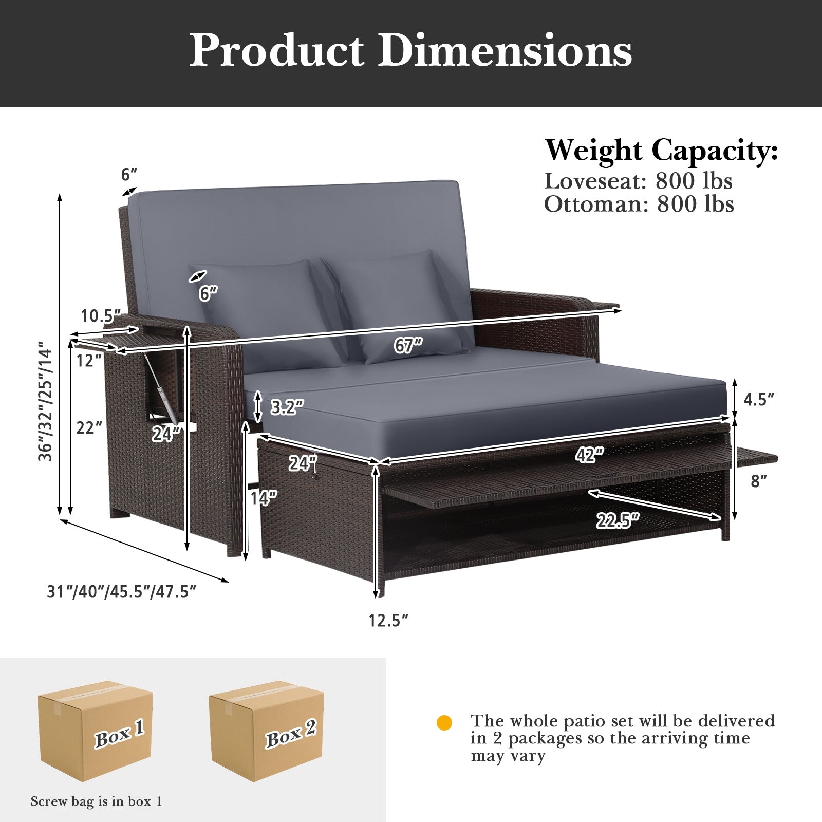 Patio Rattan Daybed with 4-Level Adjustable Backrest and Retractable Side Tray, Gray Outdoor Sectionals   at Gallery Canada