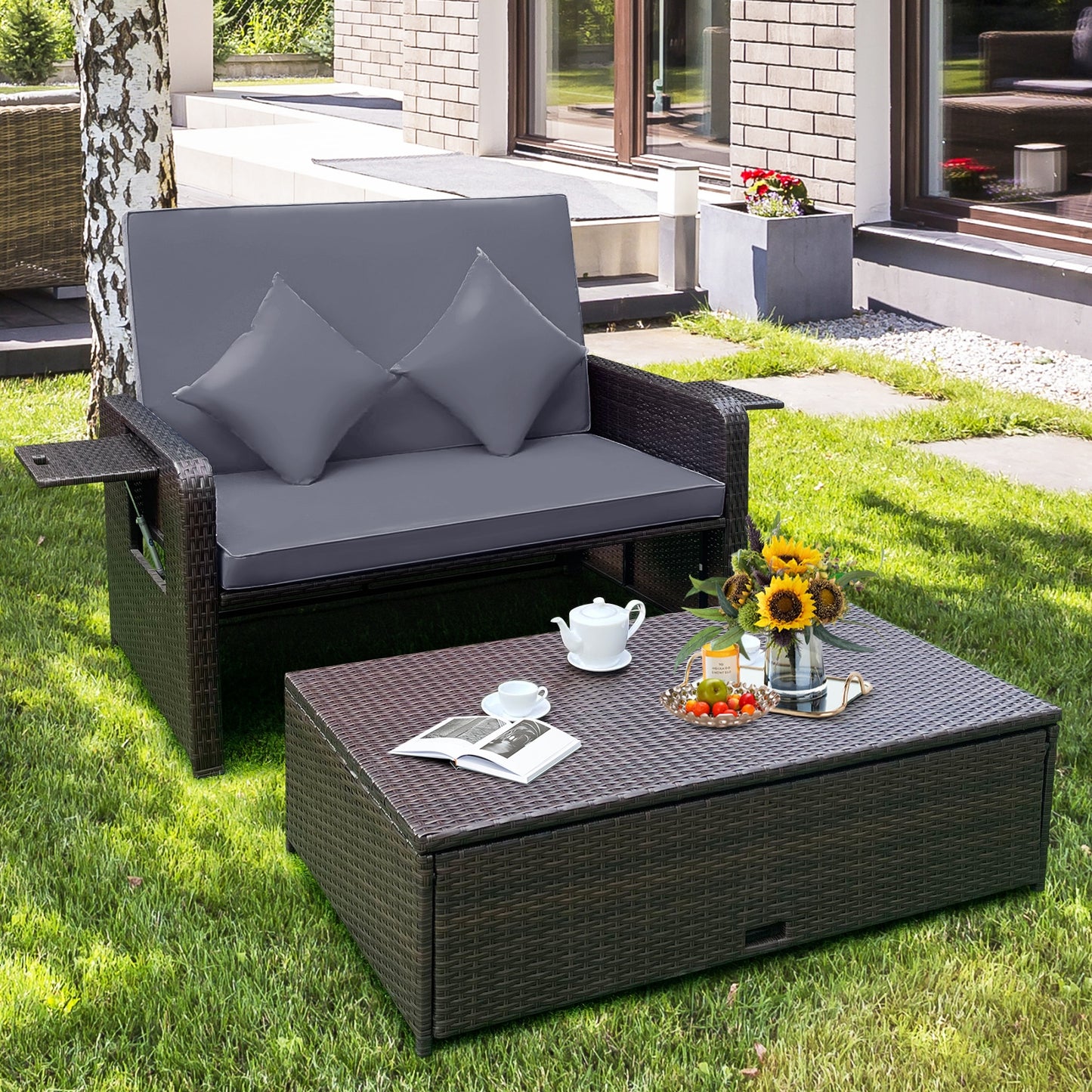 Patio Rattan Daybed with 4-Level Adjustable Backrest and Retractable Side Tray, Gray Outdoor Sectionals   at Gallery Canada