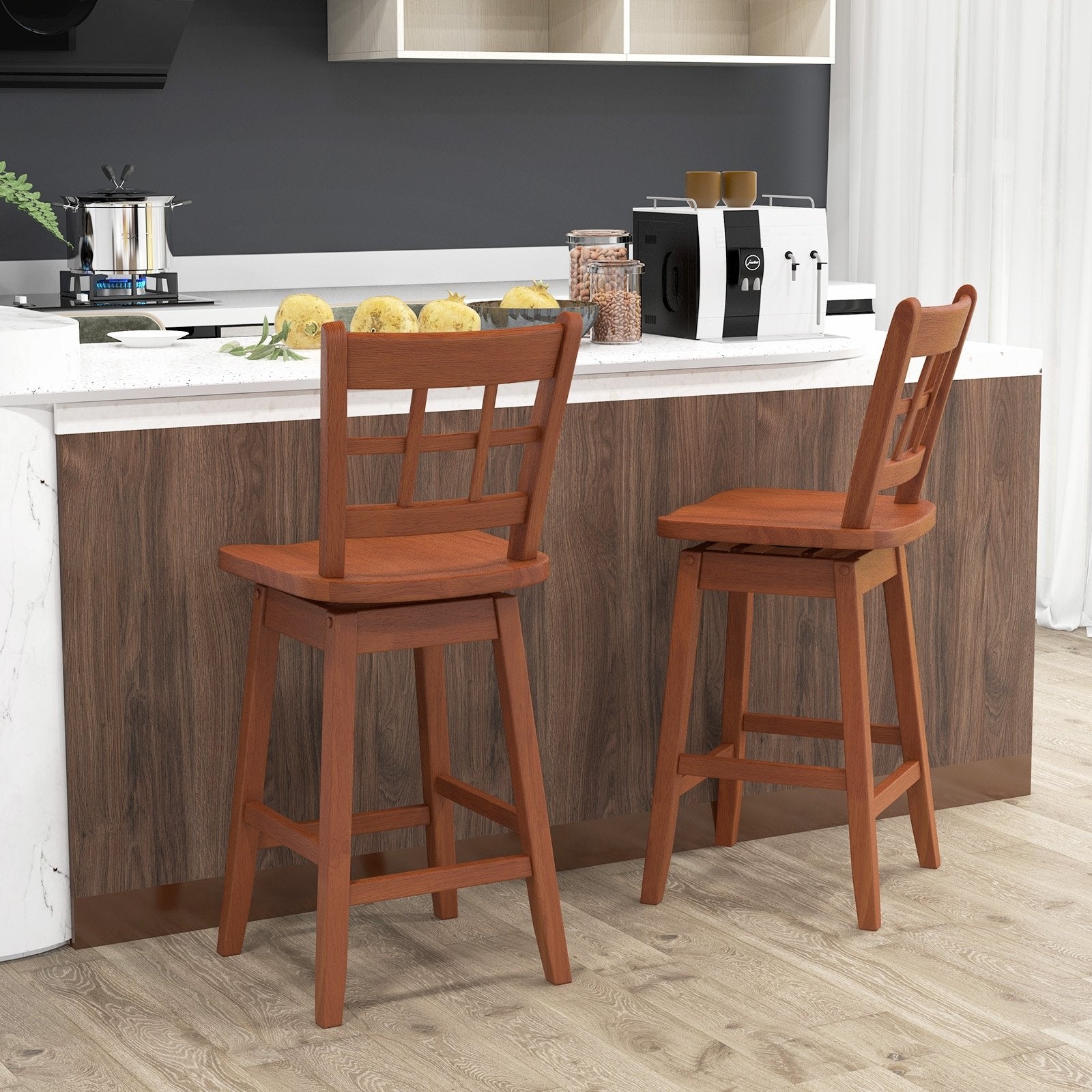 Counter Height Barstools Set of 2 with 6-Grid Hollow Back and Seat, Walnut Bar Stools   at Gallery Canada