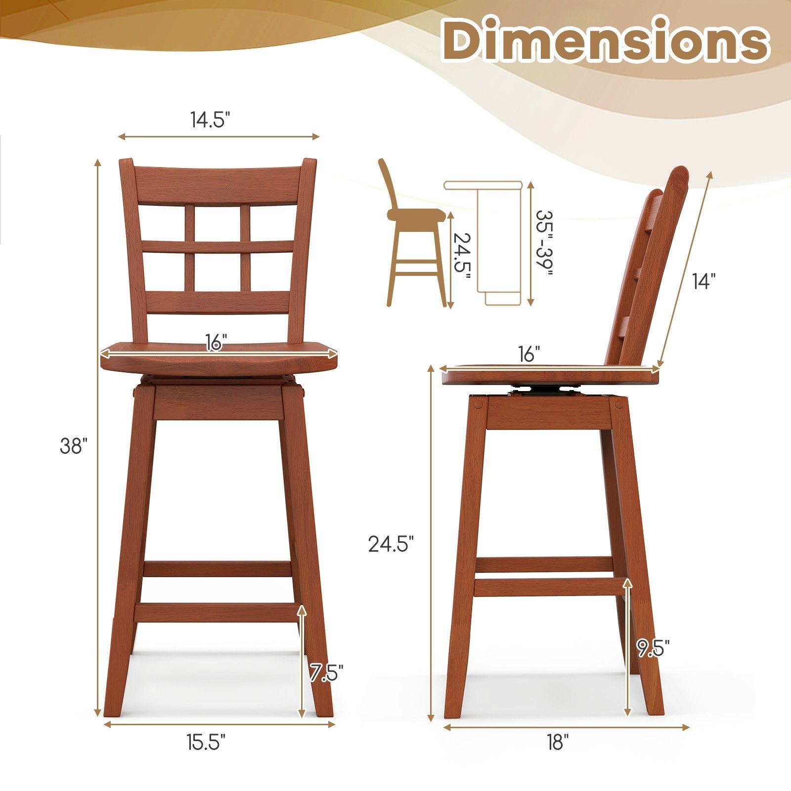 Counter Height Barstools Set of 2 with 6-Grid Hollow Back and Seat, Walnut Bar Stools   at Gallery Canada