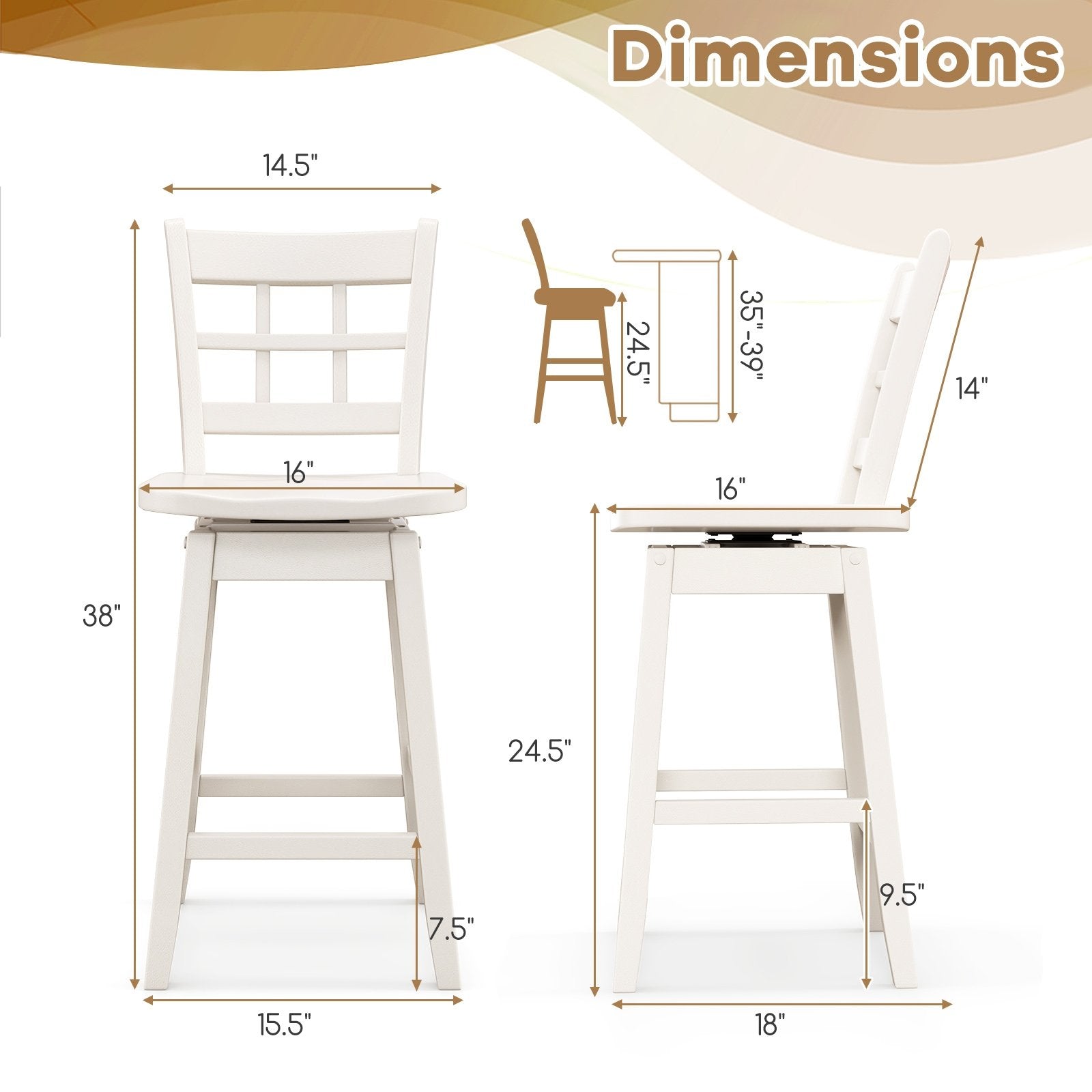 Counter Height Barstools Set of 2 with 6-Grid Hollow Back and Seat, White Bar Stools   at Gallery Canada