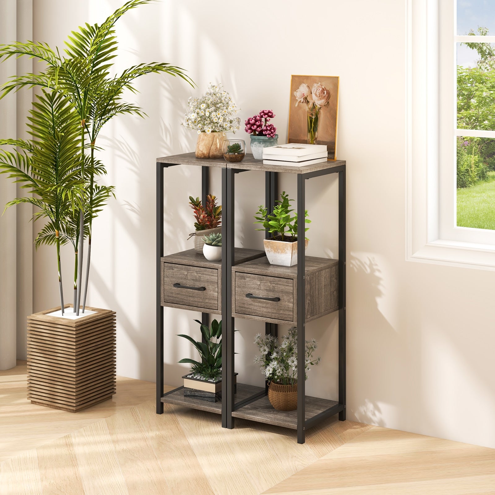 2 Pack 3 Tier Tall Metal Plant Stand with Drawer and Display Shelf, Gray Plant Stands   at Gallery Canada