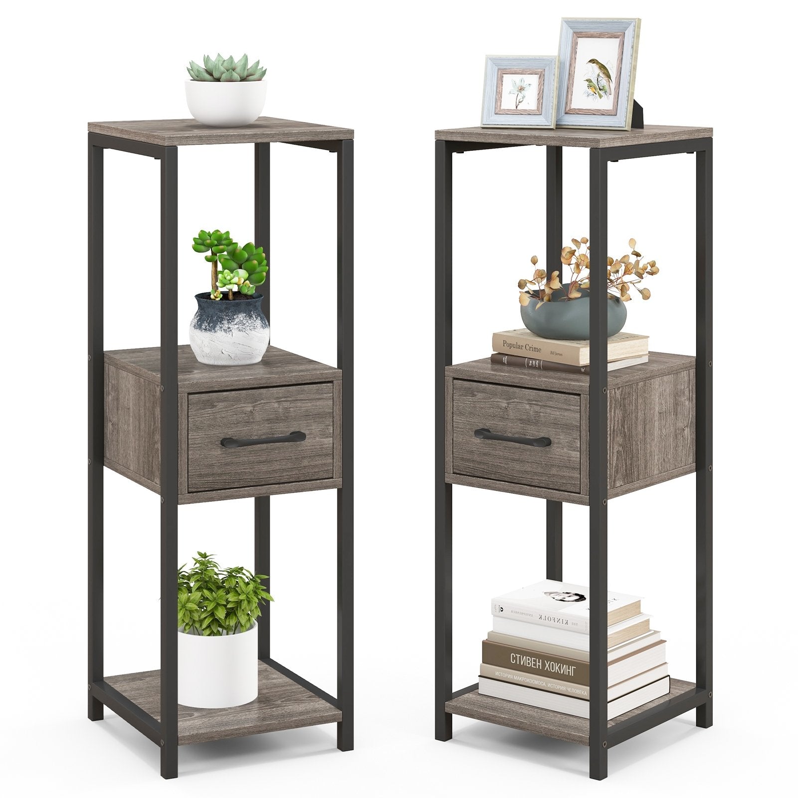 2 Pack 3 Tier Tall Metal Plant Stand with Drawer and Display Shelf, Gray Plant Stands Gray  at Gallery Canada