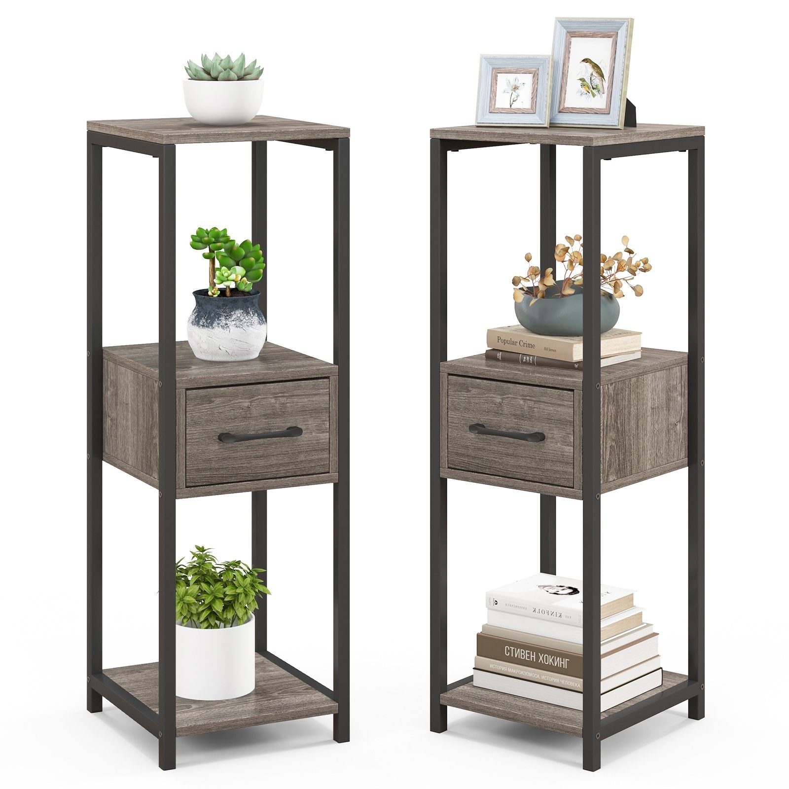 2 Pack 3 Tier Tall Metal Plant Stand with Drawer and Display Shelf, Gray Plant Stands Gray at Gallery Canada