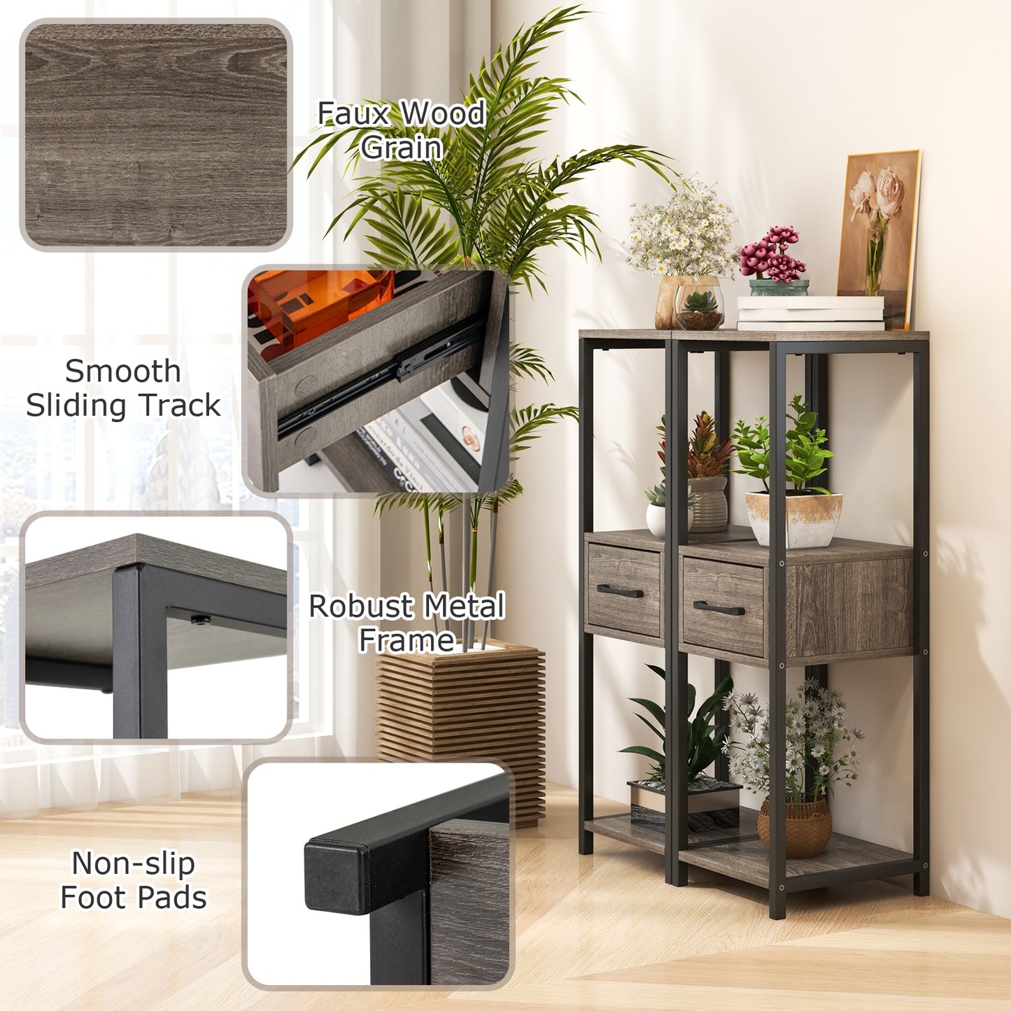 2 Pack 3 Tier Tall Metal Plant Stand with Drawer and Display Shelf, Gray Plant Stands   at Gallery Canada