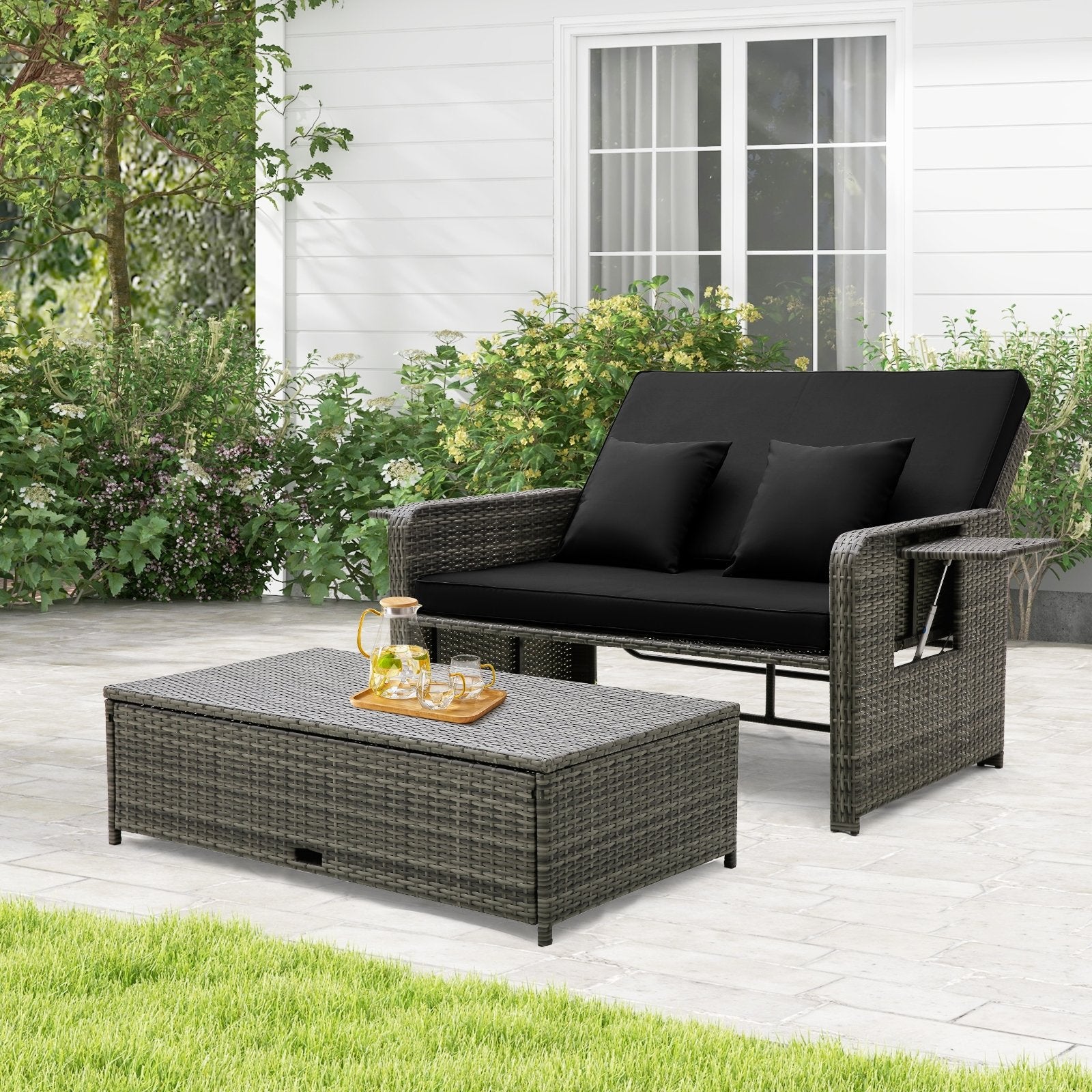 Patio Wicker Loveseat Sofa with Multipurpose Ottoman and Retractable Side Tray, Black Patio Furniture Sets   at Gallery Canada