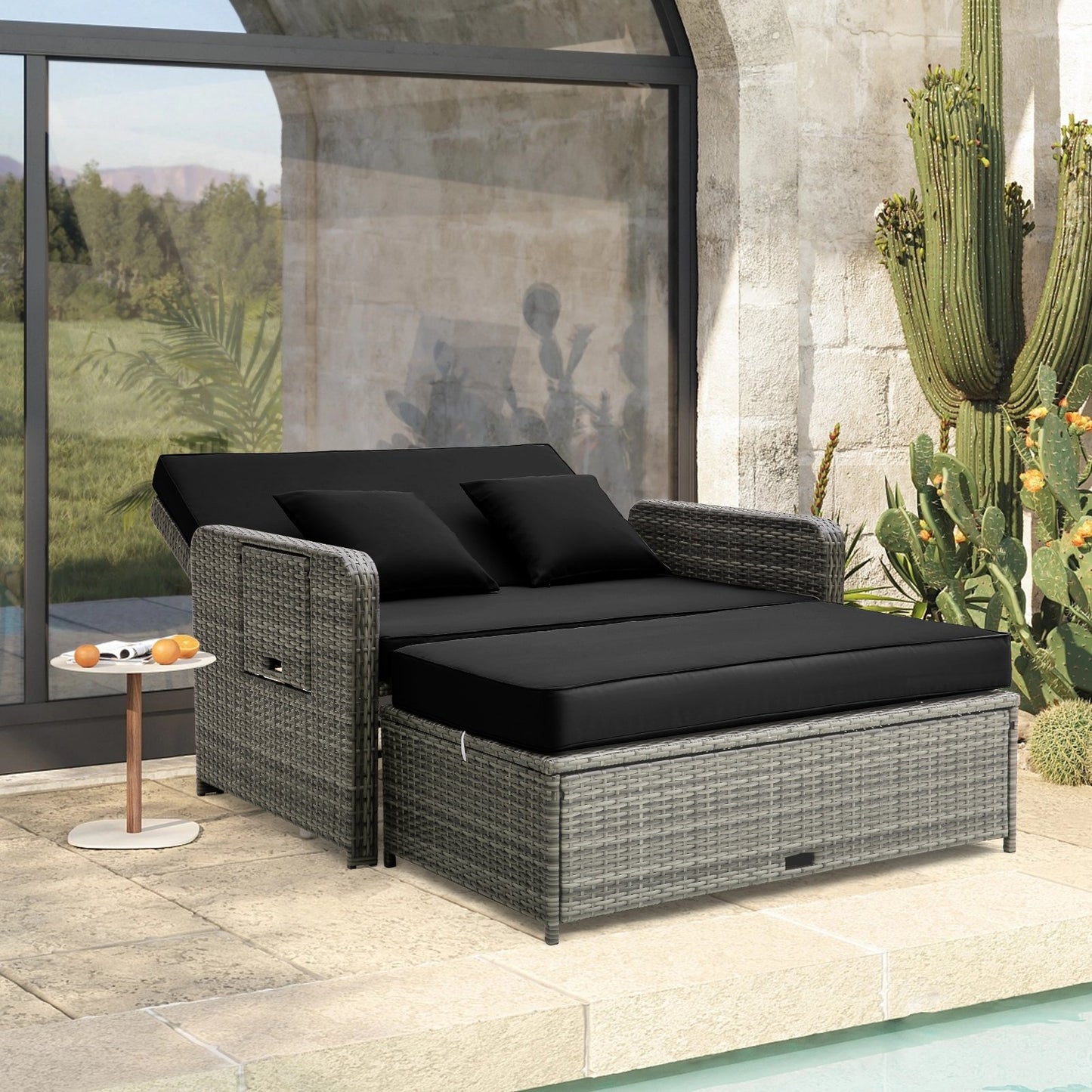 Patio Wicker Loveseat Sofa with Multipurpose Ottoman and Retractable Side Tray, Black Patio Furniture Sets   at Gallery Canada