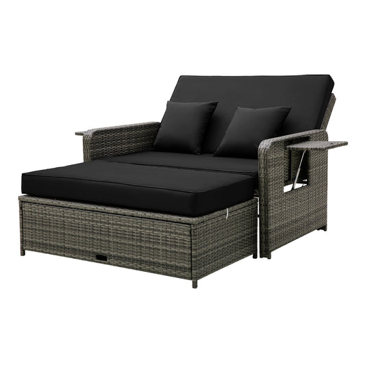 Patio Wicker Loveseat Sofa with Multipurpose Ottoman and Retractable Side Tray, Black Patio Furniture Sets Black  at Gallery Canada