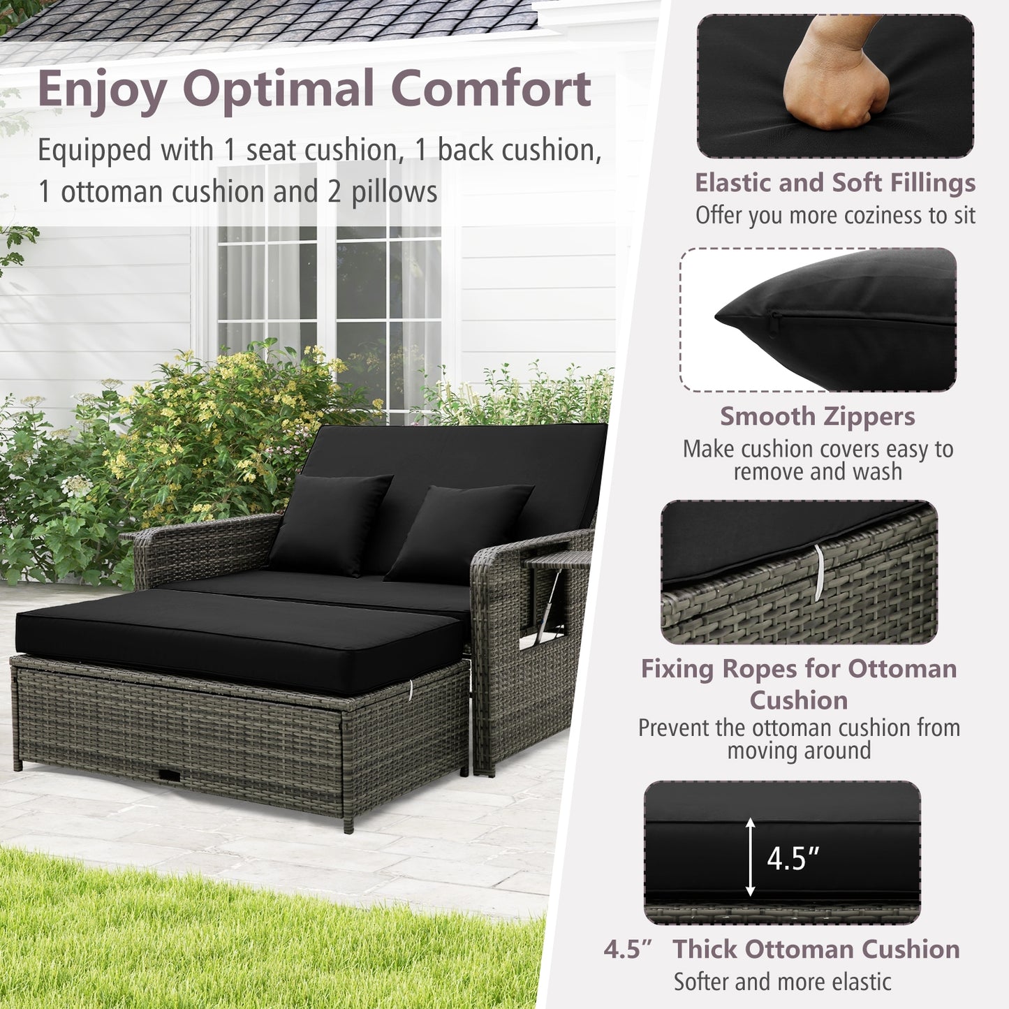 Patio Wicker Loveseat Sofa with Multipurpose Ottoman and Retractable Side Tray, Black Patio Furniture Sets   at Gallery Canada