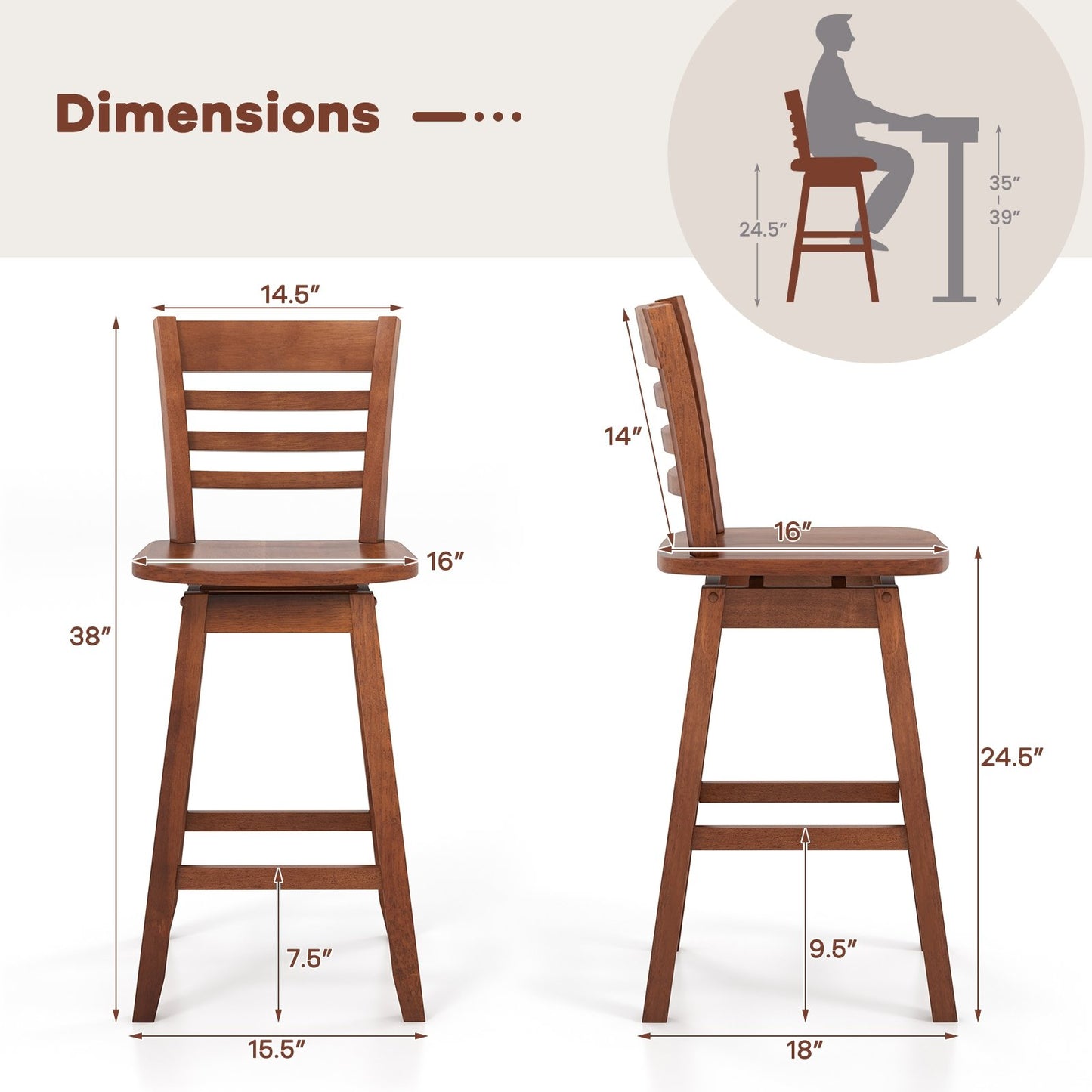 Counter Height Barstools Set of 2/4 with Footrest for Kitchen Island Bar, Walnut Bar Stools   at Gallery Canada