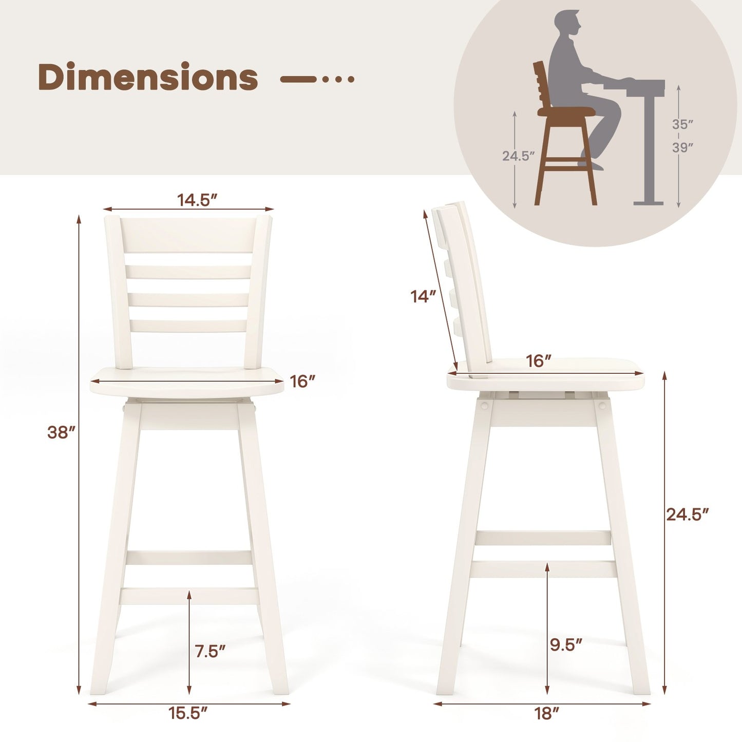 Counter Height Barstools Set of 2/4 with Footrest for Kitchen Island Bar, Cream White Bar Stools   at Gallery Canada