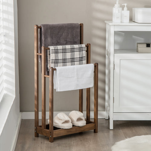 Freestanding Towel Rack 3-Bar Hand Towel Drying Stand with Bottom Storage Shelf, Rustic Brown