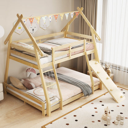 Twin Over Queen Bunk Bed Wooden Kids Bed with Climbing Nets and Ramp, Natural Toddler Beds   at Gallery Canada