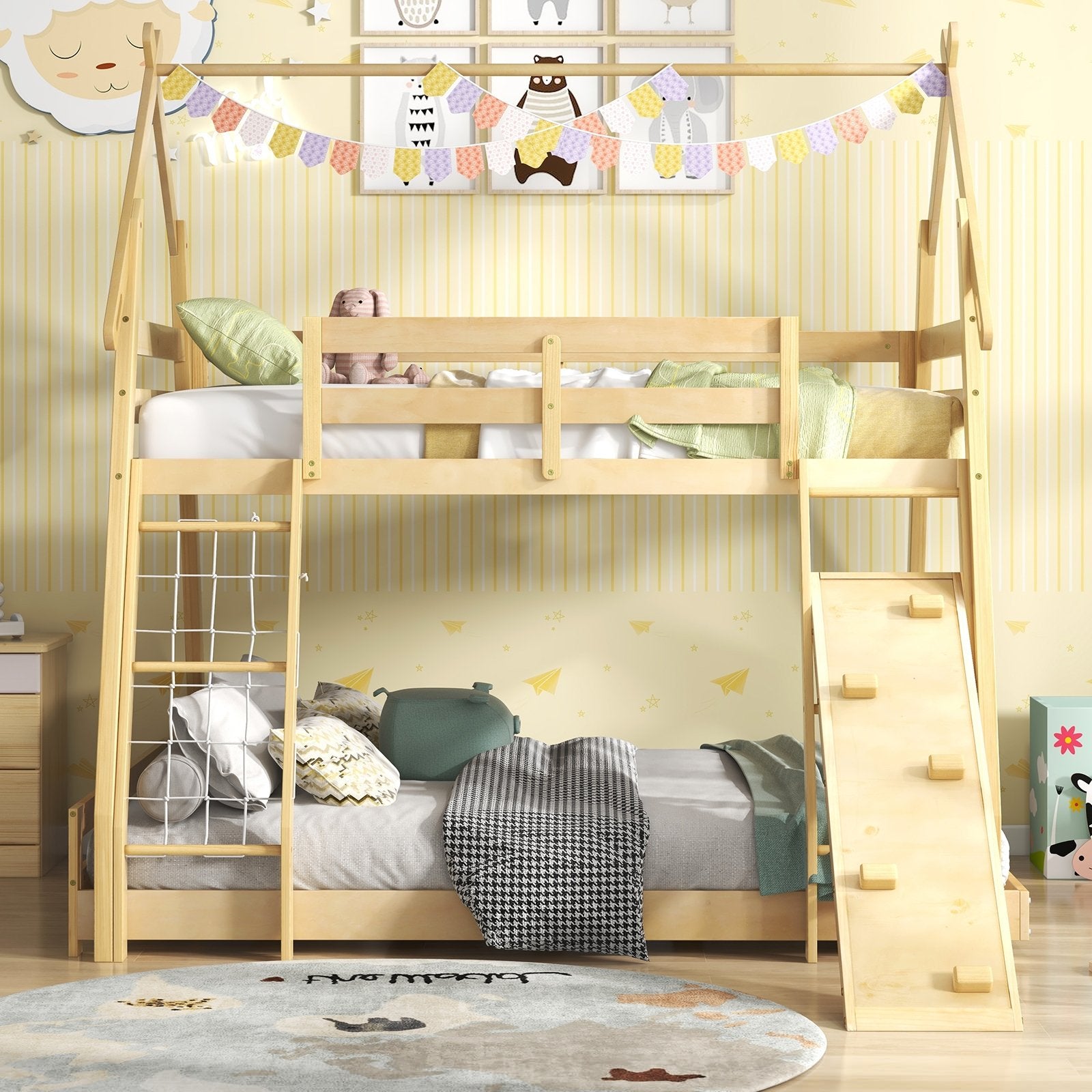 Twin Over Queen Bunk Bed Wooden Kids Bed with Climbing Nets and Ramp, Natural Toddler Beds   at Gallery Canada