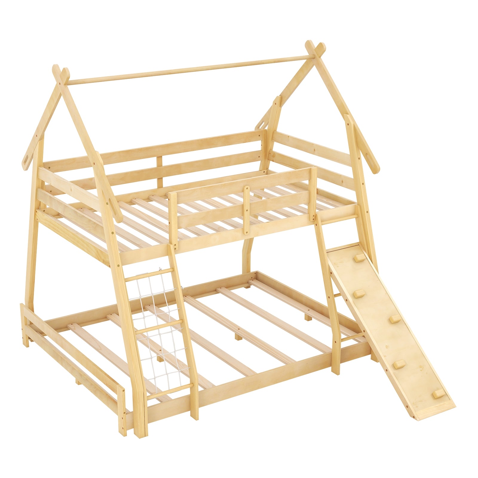 Twin Over Queen Bunk Bed Wooden Kids Bed with Climbing Nets and Ramp, Natural Toddler Beds Natural  at Gallery Canada