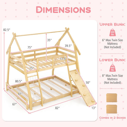 Twin Over Queen Bunk Bed Wooden Kids Bed with Climbing Nets and Ramp, Natural Toddler Beds   at Gallery Canada