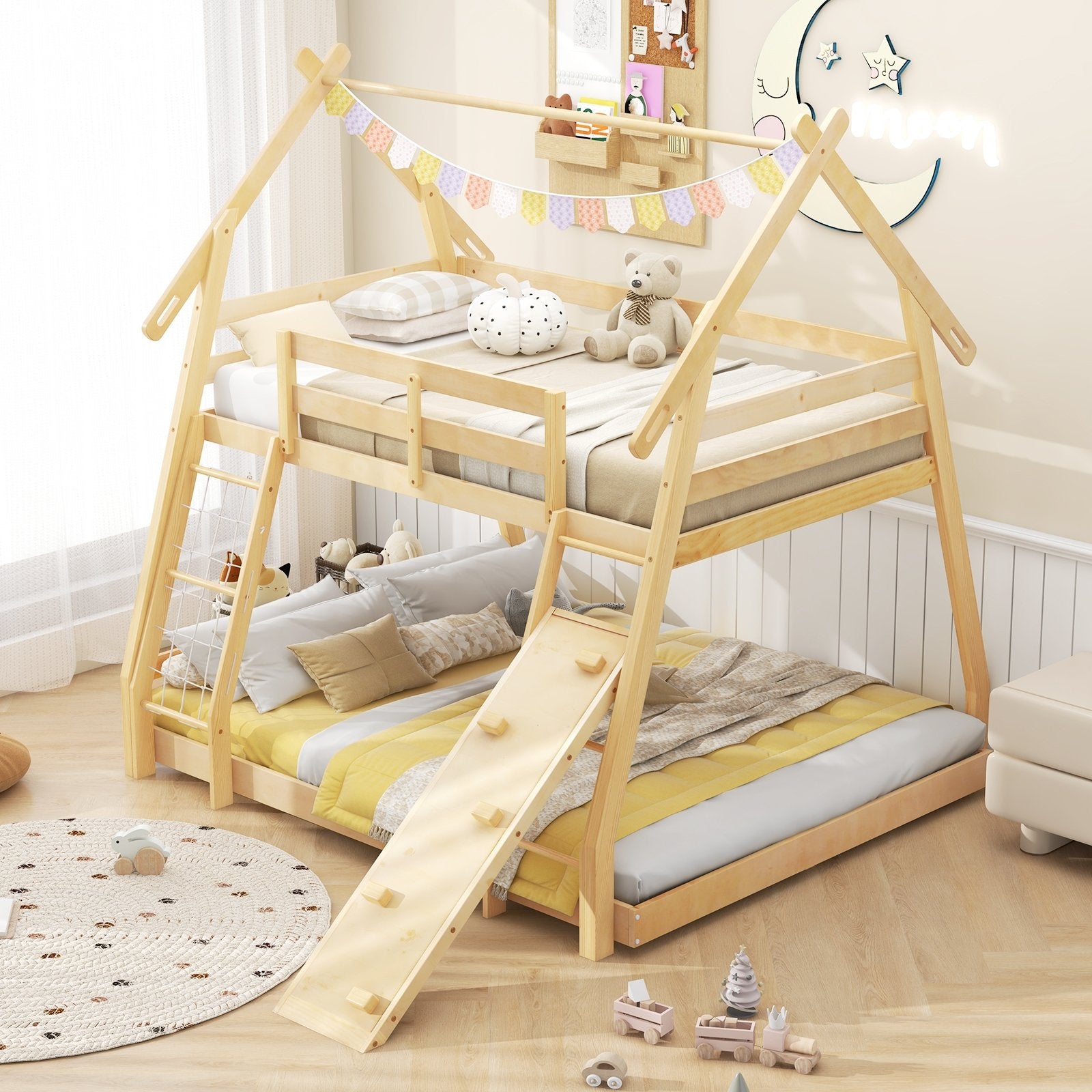 Twin Over Queen Bunk Bed Wooden Kids Bed with Climbing Nets and Ramp, Natural Toddler Beds   at Gallery Canada