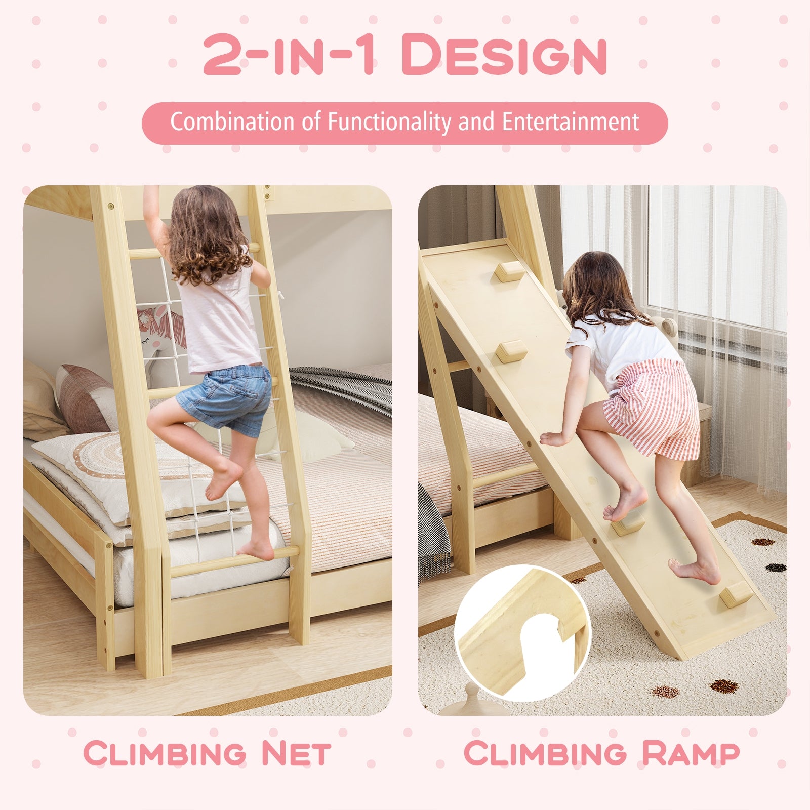 Twin Over Queen Bunk Bed Wooden Kids Bed with Climbing Nets and Ramp, Natural Toddler Beds   at Gallery Canada