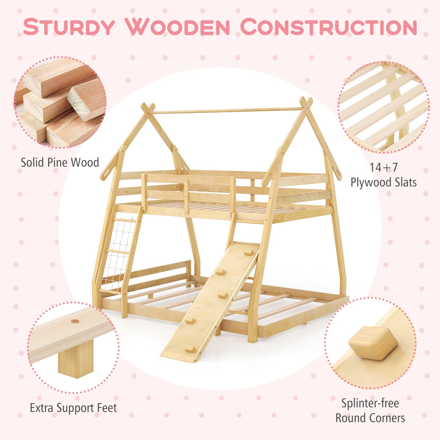 Twin Over Queen Bunk Bed Wooden Kids Bed with Climbing Nets and Ramp, Natural Toddler Beds   at Gallery Canada