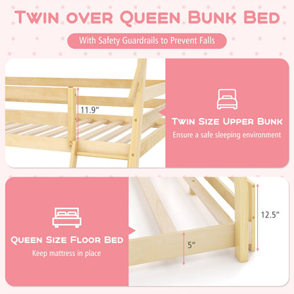 Twin Over Queen Bunk Bed Wooden Kids Bed with Climbing Nets and Ramp, Natural Toddler Beds   at Gallery Canada