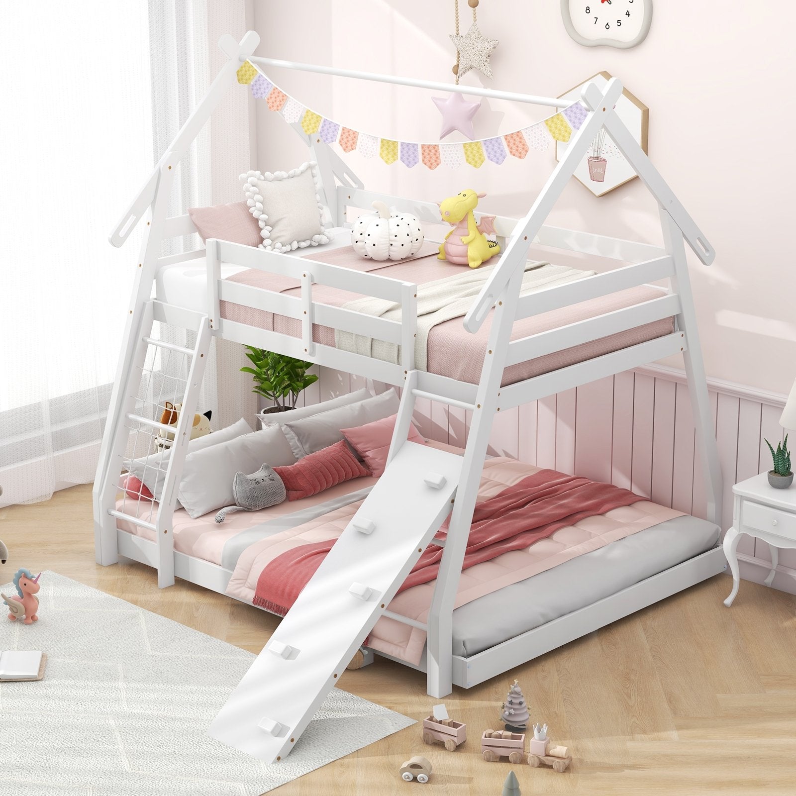 Twin Over Queen Bunk Bed Wooden Kids Bed with Climbing Nets and Ramp, White Toddler Beds   at Gallery Canada